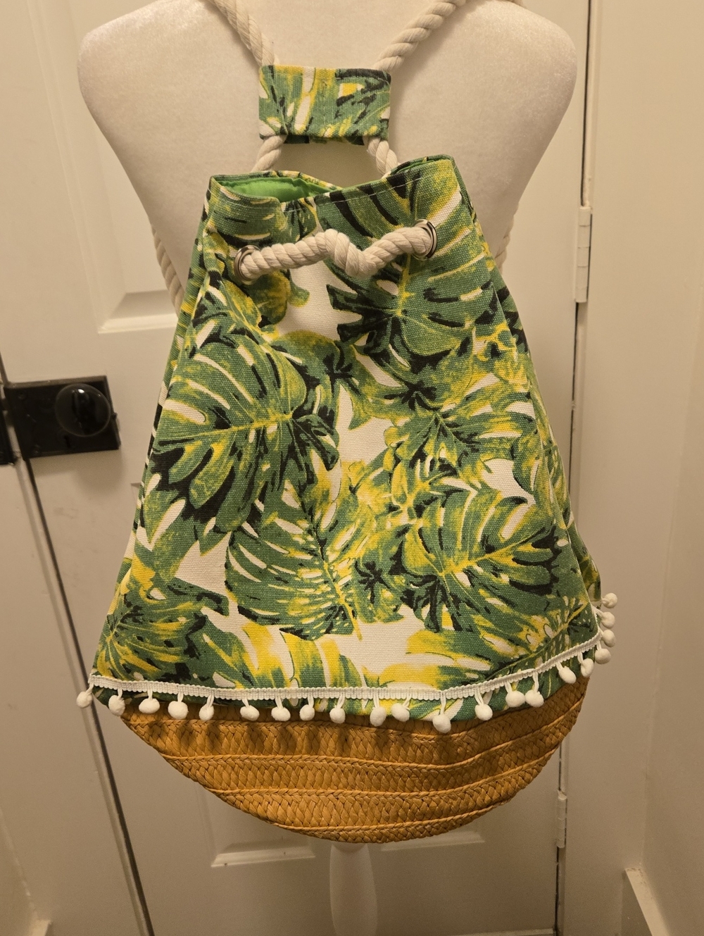 Tropical Leaf Green Canvas Drawstring Backpack
